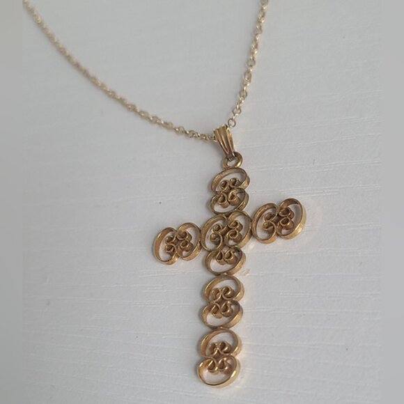 Vintage Gold Filled Baroque Filigree Large Cross Pendant Statement Necklace - Picture 9 of 13